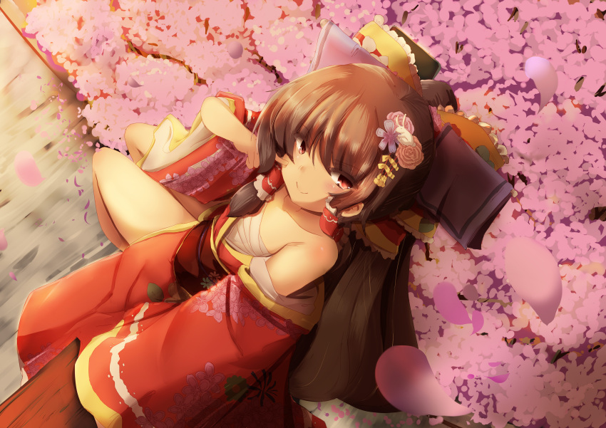 1girl absurdres alternate_costume bow brown_hair cherry_blossoms closed_mouth finger_to_cheek floral_print flower frills from_above hair_bow hair_flower hair_ornament hair_tubes hakurei_reimu highres japanese_clothes kimono long_hair long_sleeves looking_at_viewer looking_up obi off_shoulder petals red_bow red_eyes red_kimono sarashi sash senbon_tsuki sidelocks smile solo touhou wide_sleeves