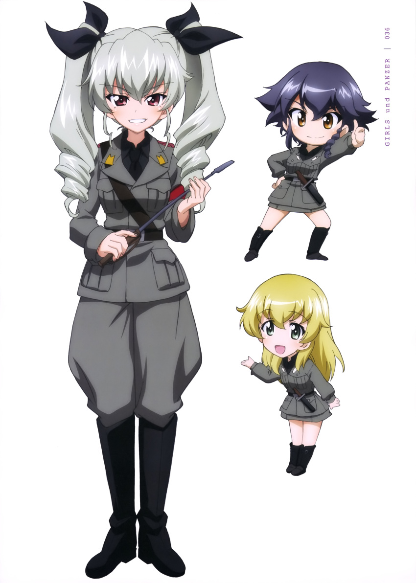 3girls absurdres anchovy boots carpaccio chibi girls_und_panzer grey_hair highres knife multiple_girls necktie official_art pepperoni pepperoni_(girls_und_panzer) riding_crop short_hair simple_background twintails uniform weapon white_background