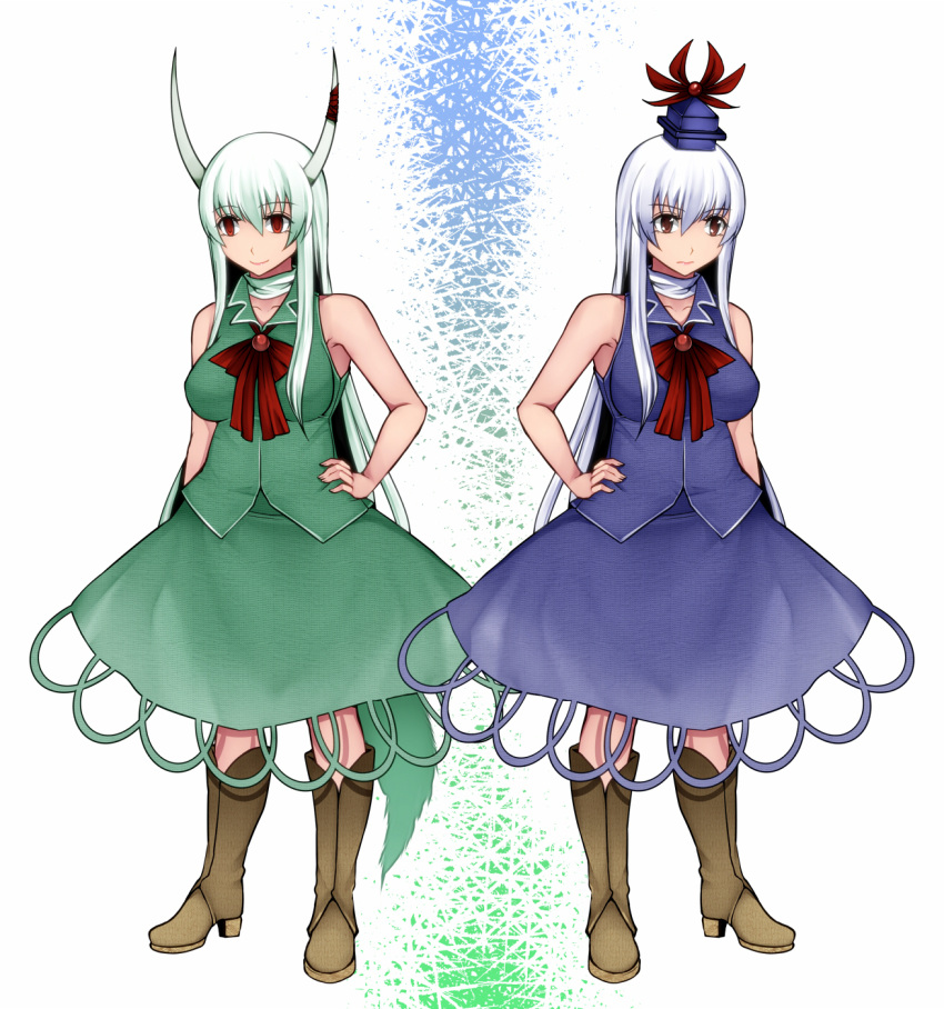 2girls adapted_costume aoshima armpits bare_shoulders blue_shirt blue_skirt boots bow bowtie breasts brooch brown_boots choker close-up commentary cowboy_boots dual_persona ex-keine full_body green_hair green_shirt green_skirt hand_on_hip hat highres horn_ribbon horns jewelry kamishirasawa_keine large_breasts long_hair multicolored_hair multiple_girls red_bow red_bowtie red_eyes ribbon shirt sidelocks silver_hair skirt skirt_set sleeveless sleeveless_shirt smile touhou two-tone_hair very_long_hair