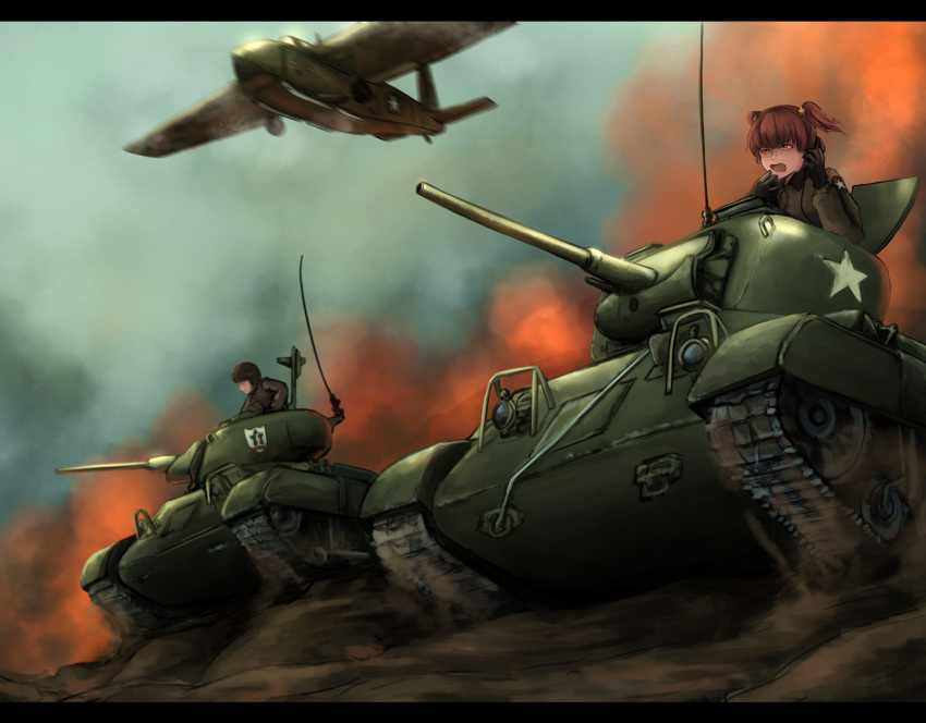 2girls aircraft alisa_(girls_und_panzer) brown_eyes brown_hair brown_jacket caterpillar_tracks commentary emblem freckles general_aircraft_hamilcar girls_und_panzer girls_und_panzer_ribbon_no_musha ground_vehicle hair_ornament helmet highres letterboxed long_sleeves m22_locust military military_uniform military_vehicle motor_vehicle multiple_girls short_hair star star_hair_ornament tank therj twintails uniform