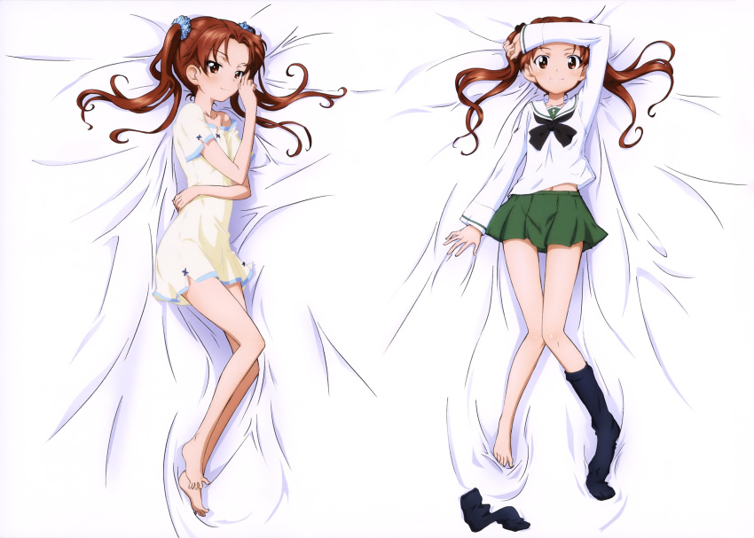 1girl absurdres artist_request barefoot bed_sheet black_legwear blush bow brown_eyes brown_hair dakimakura girls_und_panzer hair_ornament hair_scrunchie highres kadotani_anzu long_hair long_sleeves looking_at_viewer lying multiple_views navel nightgown off_shoulder official_art on_back on_side pleated_skirt school_uniform scrunchie single_sock skirt smile sock_dangle sock_pull socks socks_removed spread_toes twintails