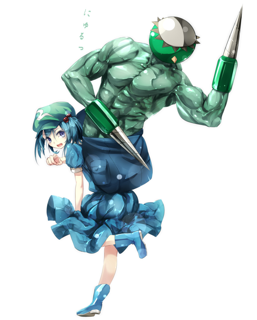 1girl :d backpack bag blue_dress blue_eyes blue_hair boots commentary_request dress drill gorilla_(bun0615) hair_bobbles hair_ornament hat highres kappa kawashiro_nitori looking_at_viewer open_mouth short_hair simple_background smile solo touhou translation_request two_side_up white_background