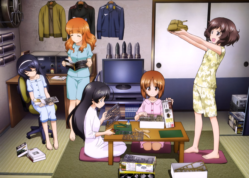 5girls :d ^_^ absurdres ahoge akiyama_yukari arms_up artist_request barefoot black_hair boxcutter brown_eyes brown_hair camouflage camouflage_shirt camouflage_shorts closed_eyes girls_und_panzer highres indoors isuzu_hana long_hair magazine military military_uniform model model_building model_kit model_tank multiple_girls nightgown nishizumi_miho official_art open_mouth orange_hair pajamas pillow reizei_mako room scan seiza short_hair shorts sitting sleeping sliding_doors smile standing table takebe_saori tatami television toy toy_tank uniform yokozuwari