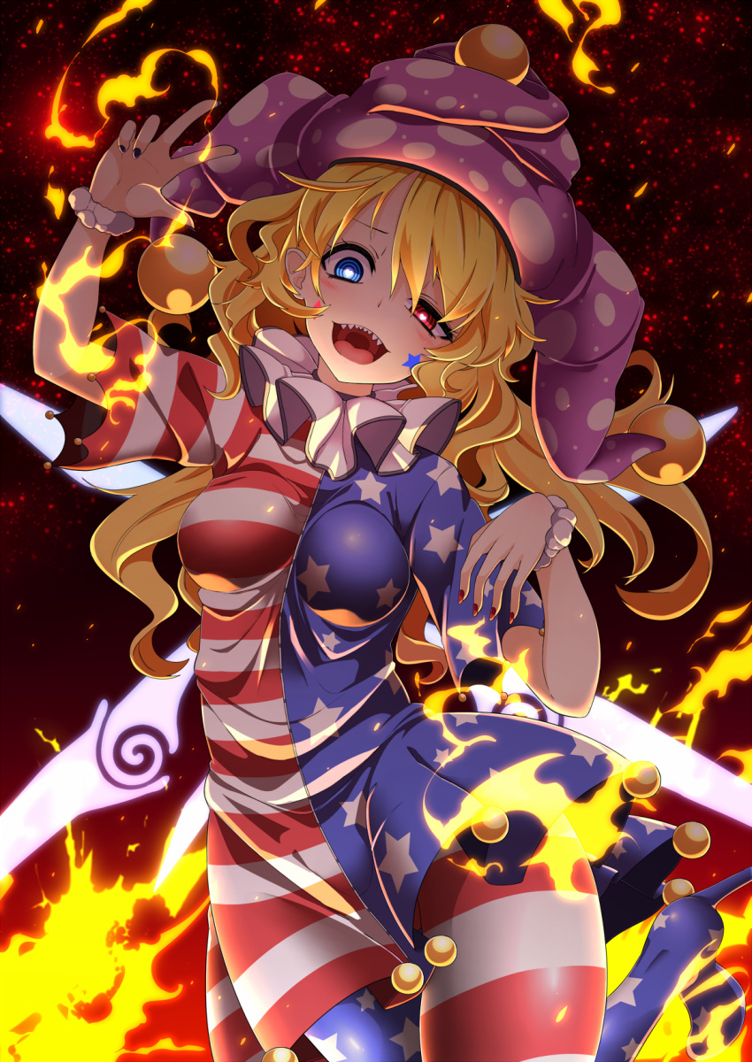 1girl american_flag_dress american_flag_legwear blonde_hair blue_eyes blush breasts clownpiece commentary_request dress facepaint fairy_wings fire hat heart heart-shaped_pupils heterochromia highres impossible_clothes jester_cap long_hair looking_at_viewer medium_breasts nail_polish neck_ruff open_mouth pantyhose polka_dot red_eyes revision rihito_(usazukin) scrunchie sharp_teeth short_dress short_sleeves solo star star_print striped symbol-shaped_pupils teeth touhou vertical_stripes wings wrist_scrunchie