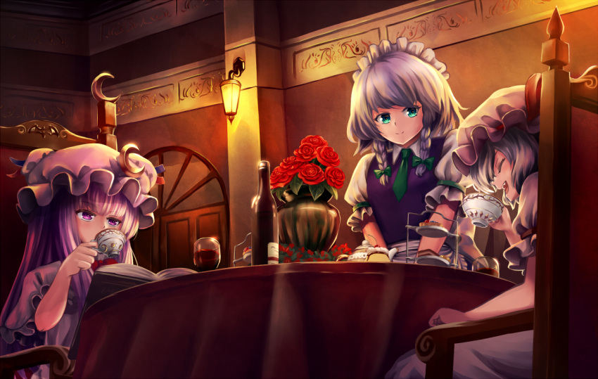 3girls apron arm_rest book bottle bouquet braid chair cherry closed_eyes crescent crescent_hair_ornament cup door double_bun drinking drinking_glass fangs flower food from_below fruit fruit_tart green_eyes hair_ornament hair_ribbon hat hat_ribbon indoors izayoi_sakuya long_hair looking_at_another maid_headdress mob_cap multiple_girls ookashippo open_book open_mouth patchouli_knowledge pudding puffy_short_sleeves puffy_sleeves purple_hair red_rose remilia_scarlet ribbon robe rose short_hair short_sleeves silver_hair sitting smile standing table tablecloth tea_set teacup touhou tress_ribbon twin_braids vase violet_eyes waist_apron wall_lamp wine_bottle wine_glass