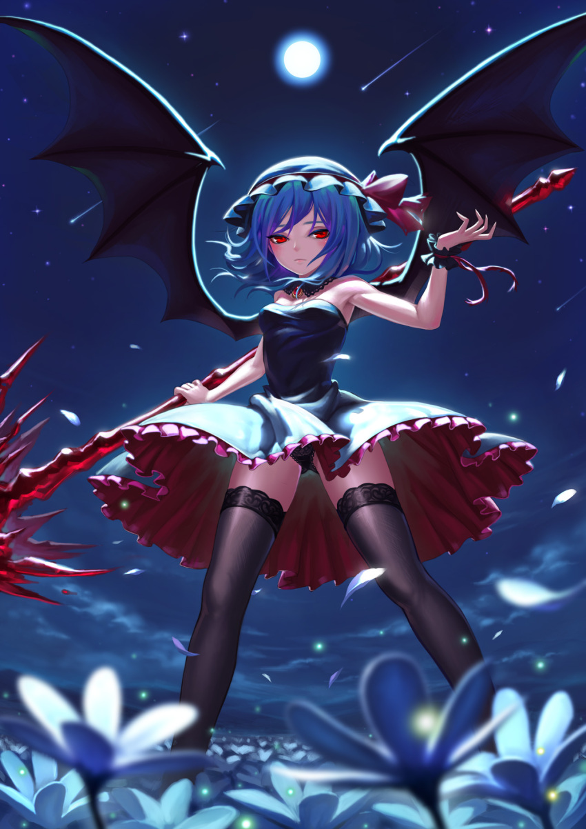 1girl ass_visible_through_thighs bare_shoulders bat_wings black_dress black_legwear black_panties blue_hair breasts commentary_request dress fkey flower from_below full_moon hat hat_ribbon highres holding holding_weapon looking_at_viewer mob_cap moon night night_sky panties pantyshot pantyshot_(standing) polearm red_eyes remilia_scarlet ribbon scrunchie short_hair sky small_breasts solo spear standing star_(sky) starry_sky strapless strapless_dress thigh-highs touhou underwear upskirt weapon wind wings wrist_cuffs