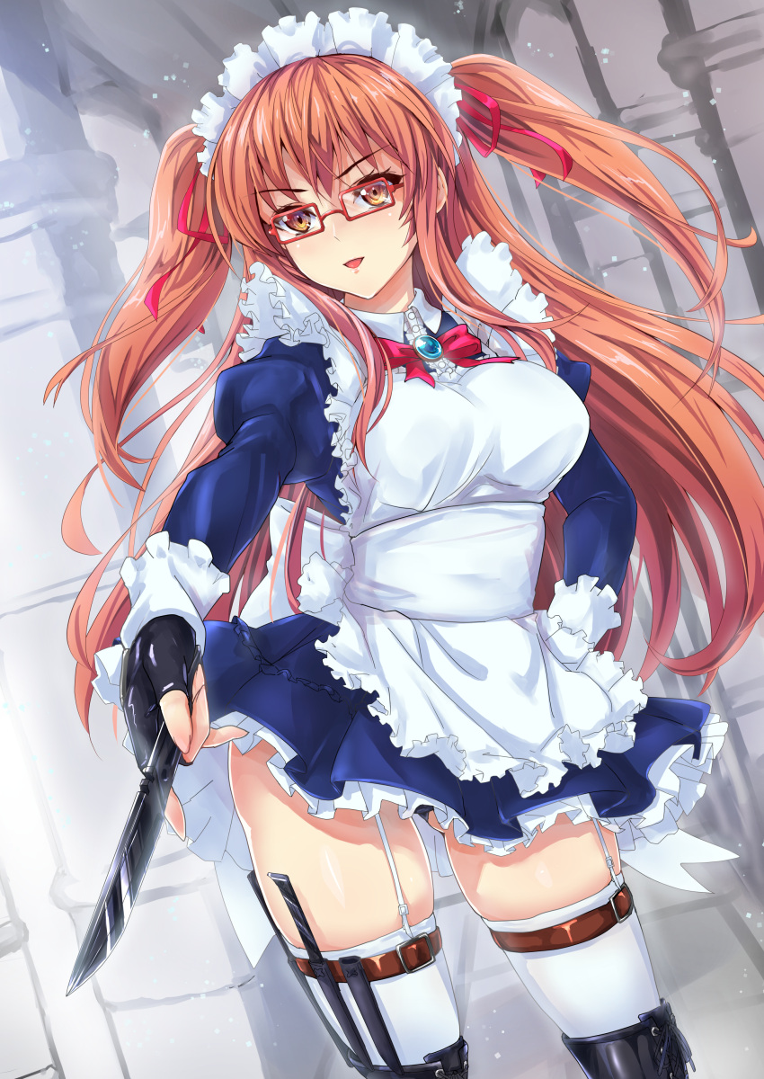1girl absurdres apron ass_visible_through_thighs black_gloves black_panties bow bowtie breasts brooch fingerless_gloves garter_straps glasses gloves hair_ribbon highres jewelry juliet_sleeves knife large_breasts long_hair long_sleeves looking_at_viewer maid maid_headdress miniskirt original panties parted_lips puffy_sleeves red-framed_eyewear red_bow red_bowtie red_ribbon ribbon skirt solo standing thigh-highs tori@gununu twintails two_side_up underwear white_legwear wrist_cuffs