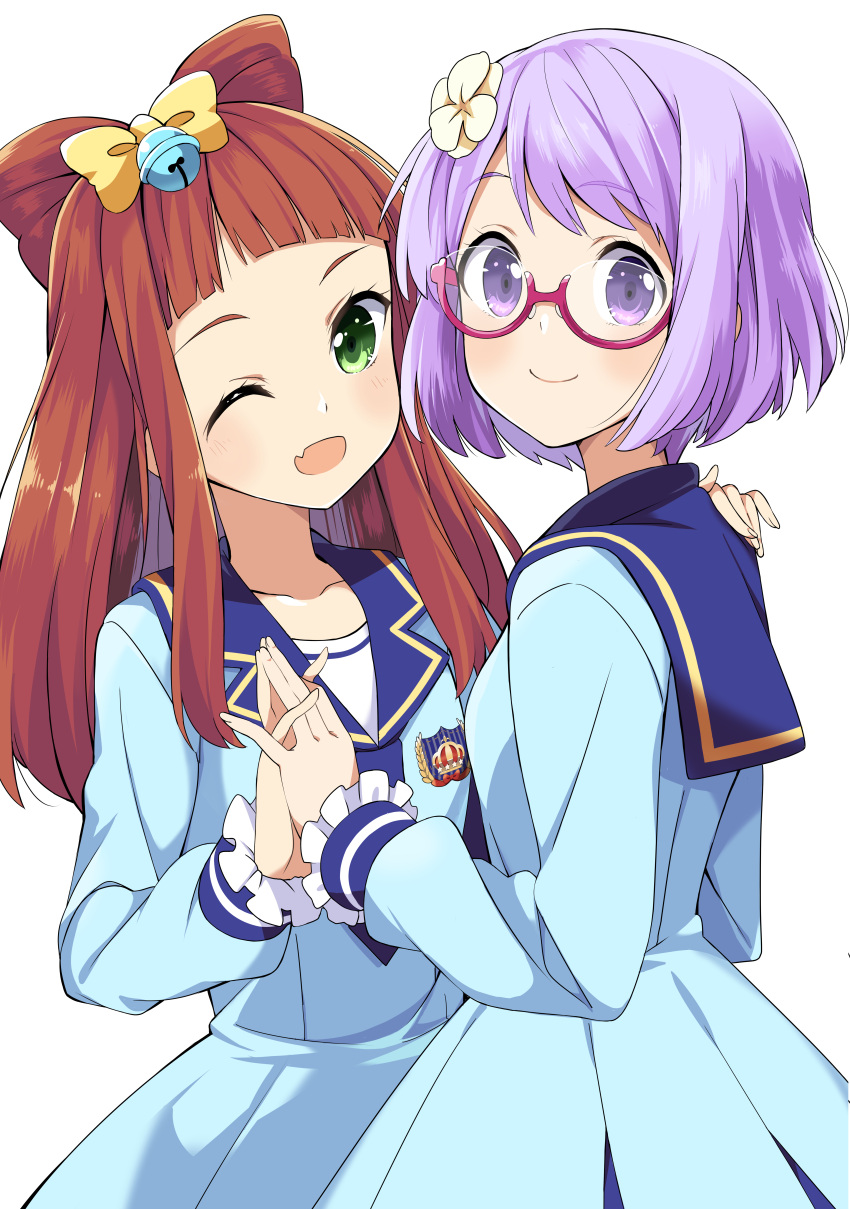 2girls ;d absurdres aikatsu! aikatsu_stars! bangs bell blue_necktie blunt_bangs blush bow brown_hair closed_mouth collarbone commentary_request emblem eyebrows eyebrows_visible_through_hair fang flower frilled_sleeves frills glasses green_eyes hair_bell hair_bow hair_flower hair_ornament hand_on_another's_shoulder hands_together head_tilt highres jingle_bell lavender_eyes lavender_hair long_hair long_sleeves multiple_girls nanakura_koharu necktie one_eye_closed open_mouth pink-framed_eyewear saotome_ako school_uniform semi-rimless_glasses serafuku short_necktie simple_background smile swept_bangs under-rim_glasses wara_(warapro) white_background yellow_bow