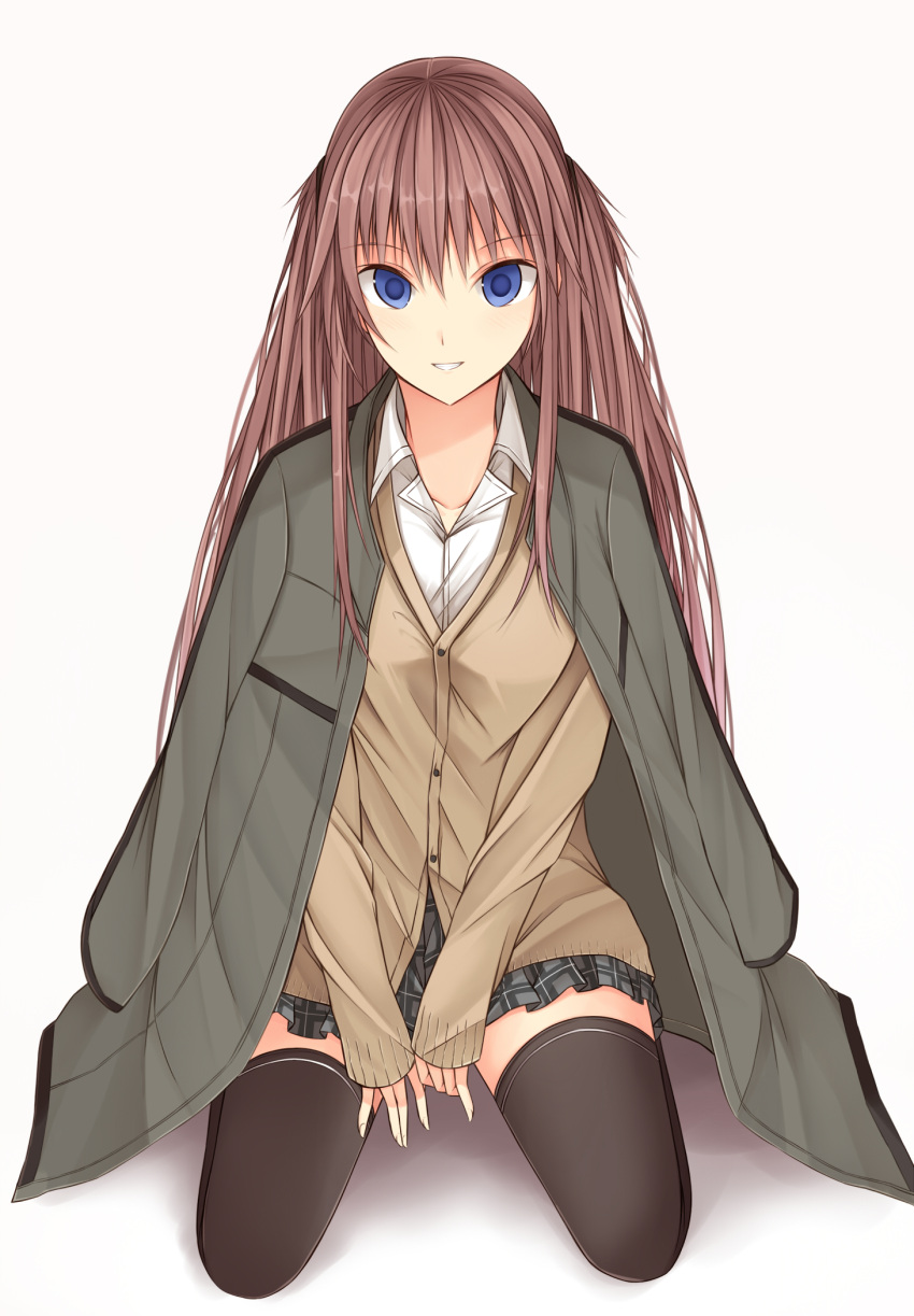 1girl black_legwear blue_eyes brown_hair cardigan collared_shirt commentary_request full_body highres jacket_on_shoulders kanpyo_(hghgkenfany) kneeling long_hair long_sleeves looking_at_viewer original parted_lips plaid plaid_skirt school_uniform shirt sidelocks simple_background skirt smile solo thigh-highs two_side_up white_background white_shirt