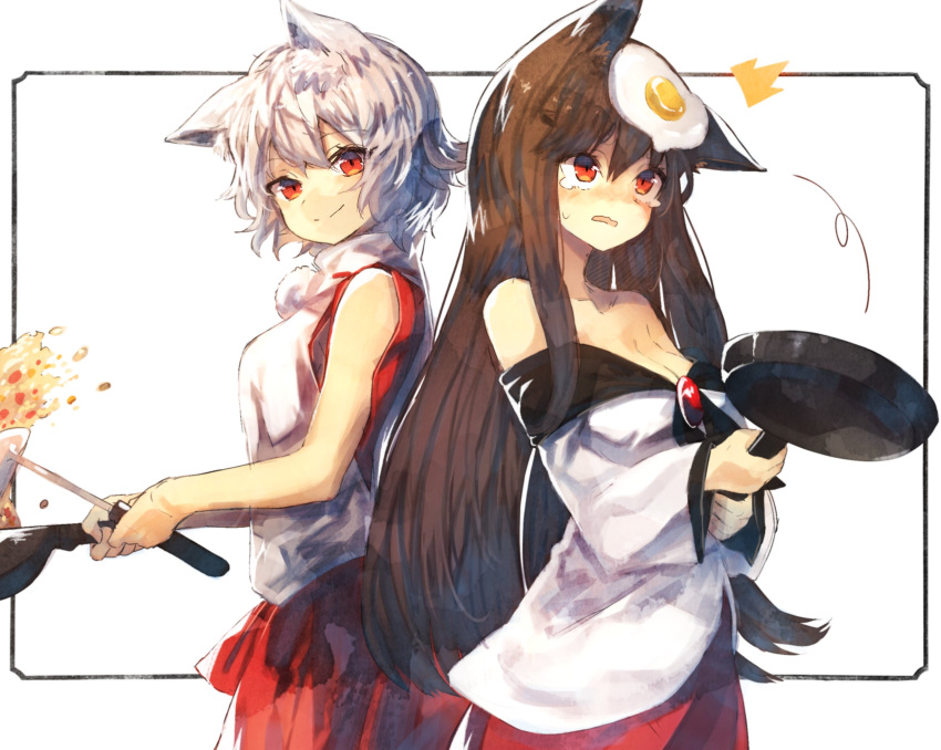 2girls animal_ears bare_arms bare_shoulders bei_mochi black_hair blush breasts brooch brown_hair cleavage closed_mouth collarbone cooking cowboy_shot crying crying_with_eyes_open dress egg eyebrows eyebrows_visible_through_hair failure flipping_food food food_on_head fried_egg fried_rice frying_pan highres imaizumi_kagerou inubashiri_momiji jewelry ladle large_breasts long_hair looking_at_viewer medium_breasts multiple_girls object_on_head off-shoulder_dress off_shoulder pom_pom_(clothes) red_eyes red_skirt simple_background skirt smile standing sweatdrop tears touhou wavy_mouth white_background white_hair wok wolf_ears