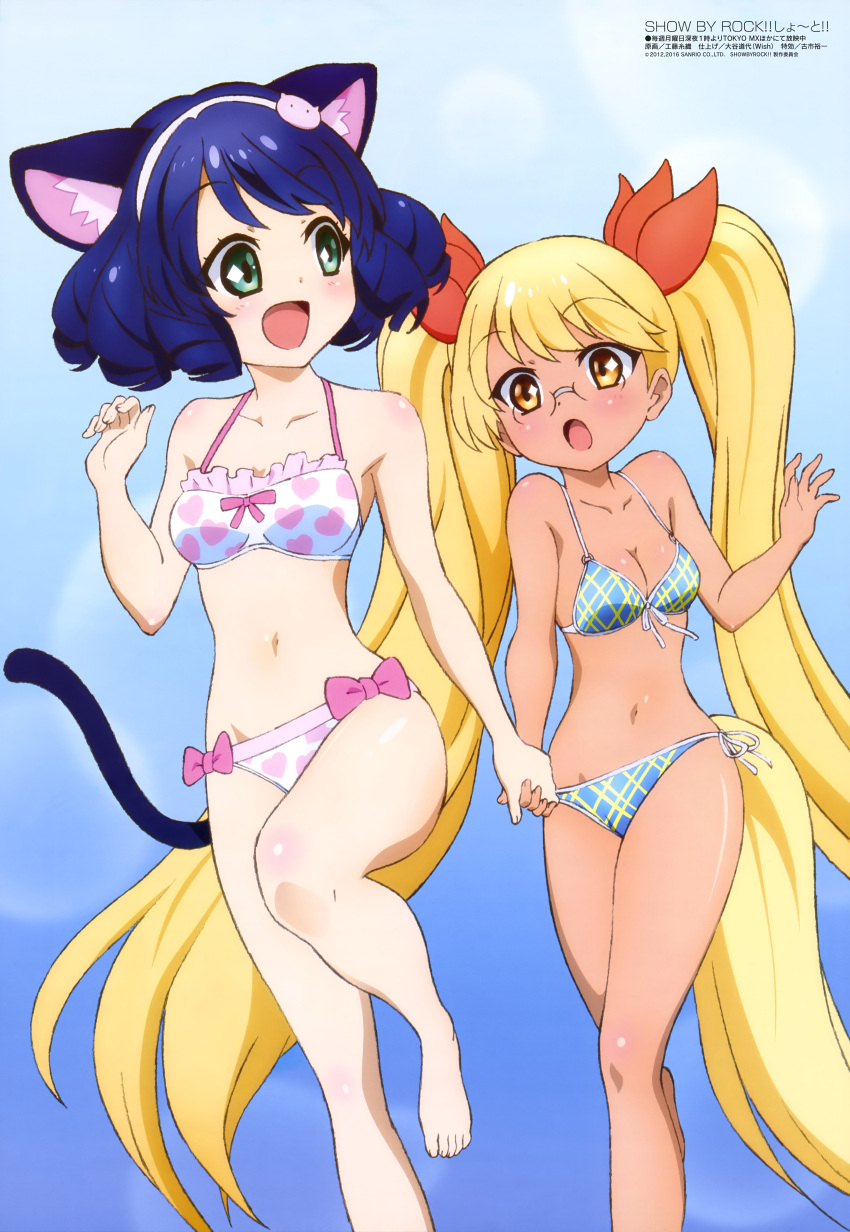 2girls absurdly_long_hair absurdres animal_ears barefoot bikini blonde_hair blue_hair breasts cleavage cyan_(show_by_rock!!) glasses green_eyes hairband heart_print highres legs long_hair megami multiple_girls official_art open_mouth plaid plaid_bikini print_bikini retoree show_by_rock!! side-tie_bikini swimsuit tail tan twintails very_long_hair yellow_eyes