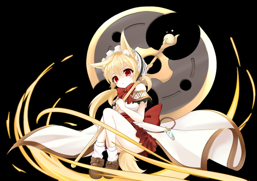 1girl animal_ears axe battle_axe black_background blonde_hair bow bowtie capelet commentary_request fox_ears frilled_skirt frills hairband holding leaf1031 lolita_fashion lolita_hairband long_hair looking_at_viewer original red_eyes shoes simple_background skirt solo weapon