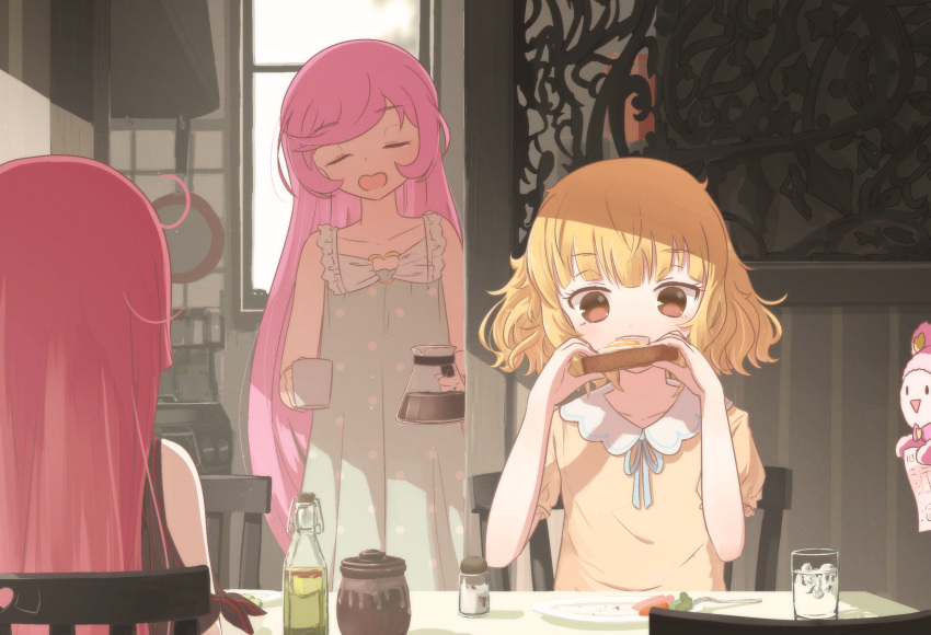 1boy 3girls alternate_hairstyle aqua_dress bangs blonde_hair blue_ribbon blush chair closed_eyes coffee_pot cup dress egg egg_yolk eyebrows eyebrows_visible_through_hair food frying_pan glass hair_down head_tilt highres holding holding_food houjou_sophie ice ice_cube indoors kitchen kuma_(pripara) long_hair manaka_lala messy_hair minami_mirei mug multiple_girls neck_ribbon open_mouth pink_hair polka_dot polka_dot_dress pripara ribbon ru-wichi salt_shaker sitting sleeveless sleeveless_dress standing swept_bangs table tablecloth tears toast triangle_mouth very_long_hair window |_|