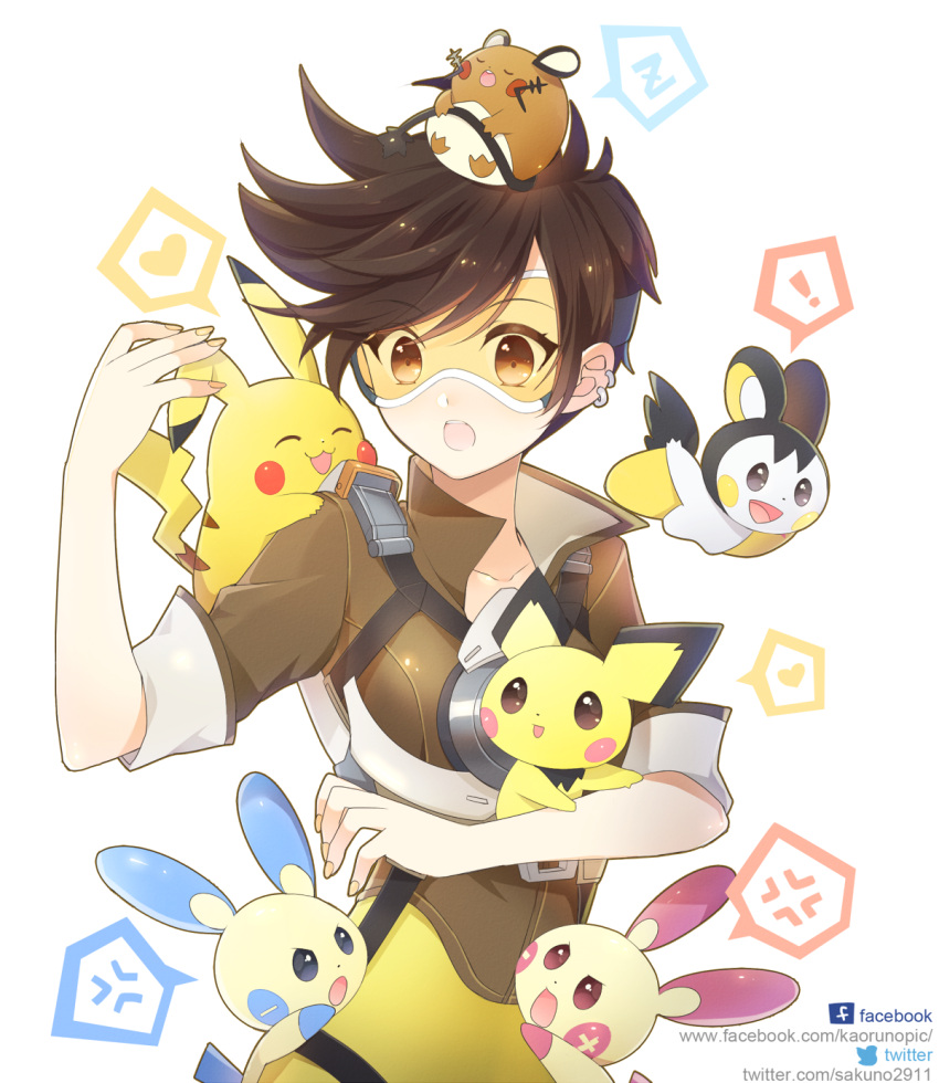 ! 1girl anger_vein animal atobesakunolove bodysuit bomber_jacket brown_hair brown_jacket collarbone crossover dedenne earrings emolga goggles harness heart highres holding holding_animal jacket jewelry looking_at_viewer minun open_mouth overwatch petting pichu pikachu plusle pokemon pokemon_(creature) pokemon_(game) short_hair simple_background sleeves_folded_up solo speech_bubble spiky_hair spoken_anger_vein spoken_exclamation_mark spoken_heart tracer_(overwatch) upper_body watermark web_address white_background