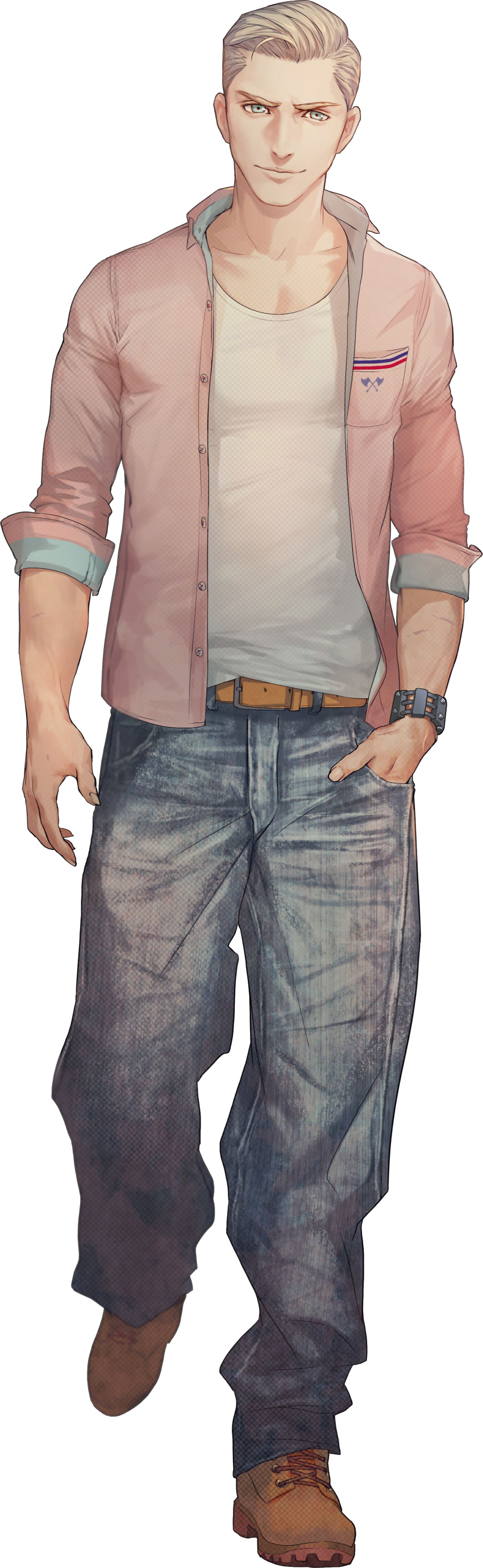 1boy absurdres baggy_pants belt blonde_hair boots burn_scar carlos collarbone denim full_body green_eyes hand_in_pocket highres jeans kyokugen_dasshutsu muscle ochurucchuru official_art pants scar short_hair smile solo zero_time_dilemma