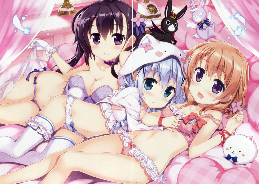 3girls :d absurdres alternate_hairstyle animal_ears animal_hood anko_(gochuumon_wa_usagi_desuka?) bangs bare_shoulders bed black_hair blue_bra blue_eyes blue_panties blush blush_stickers bow bow_bra bow_panties bowtie bra braid breasts bustier canopy_bed choker circle_name cleavage collarbone crease crown curtains dated fake_animal_ears frilled_bra frilled_panties frills fujima_takuya garters gloves gochuumon_wa_usagi_desu_ka? groin hair_ornament hair_over_shoulder hair_ribbon hairclip highres hips holding_hands hood hoodie hoto_cocoa indoors interlocked_fingers kafuu_chino light_smile lingerie long_hair looking_at_viewer lying multiple_girls navel on_back on_bed on_side open_mouth orange_eyes orange_hair panties parted_lips phone pillow pink_bra pink_panties plaid polka_dot polka_dot_bra polka_dot_panties reclining ribbon rotary_phone short_hair side-tie_panties sideboob sidelocks silver_hair small_breasts smile strap_slip strapless stuffed_animal stuffed_bunny stuffed_toy tedeza_rize thigh-highs thigh_gap tippy_(gochuumon_wa_usagi_desuka?) transparent twin_braids underwear underwear_only violet_eyes white_bra white_gloves white_legwear white_panties wild_geese window wings wrist_ribbon x_hair_ornament