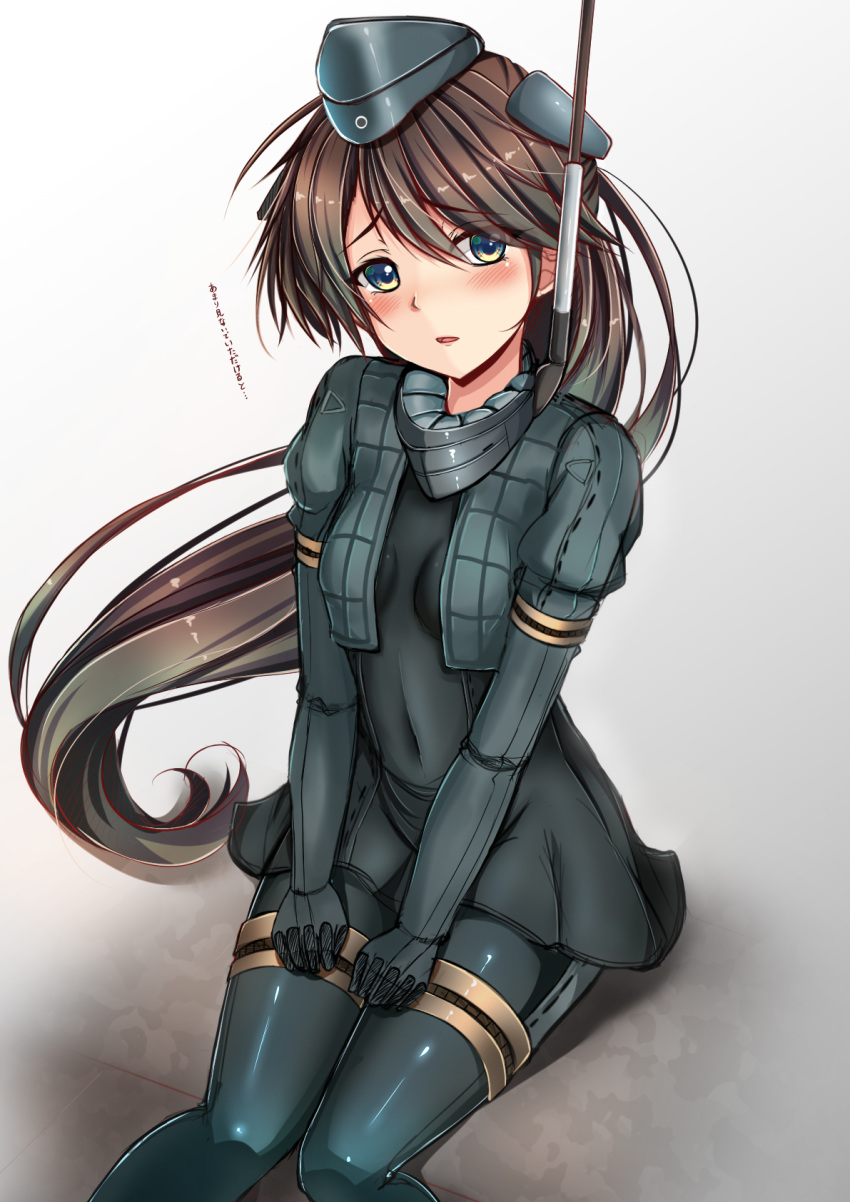 1girl alternate_costume aqua_eyes black_hair blush breasts commentary commentary_request cosplay covered_navel cropped_jacket garrison_cap gradient_eyes hat highres houshou_(kantai_collection) kantai_collection long_hair looking_at_viewer multicolored_eyes parted_lips ponytail sazamiso_rx sitting skin_tight small_breasts snorkel solo sweat translated u-511_(kantai_collection) u-511_(kantai_collection)_(cosplay)