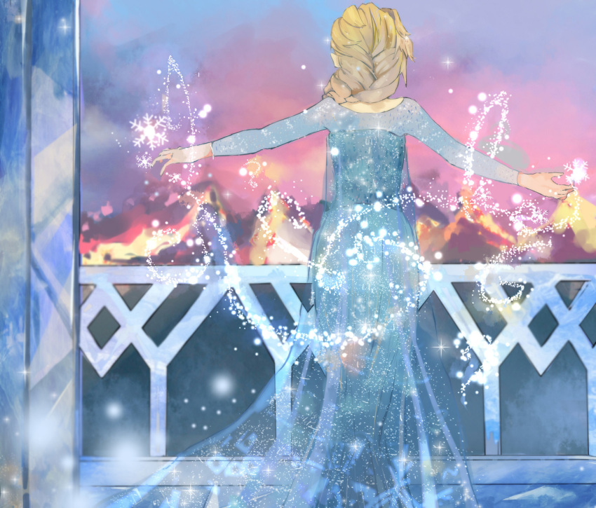 1girl bad_id blonde_hair braid elsa_(frozen) from_behind frozen_(disney) highres outstretched_arms single_braid solo spread_arms standing youmonii