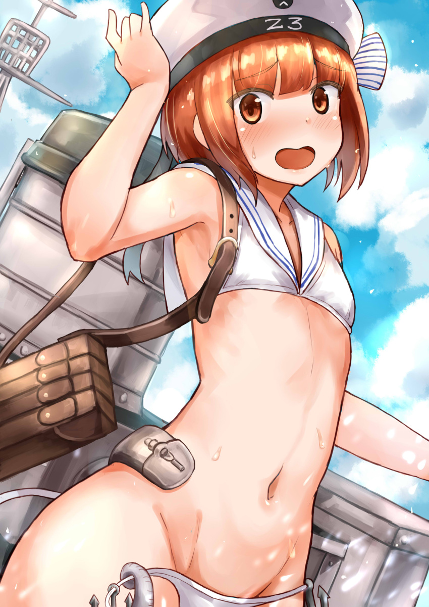 1girl :&lt; absurdres antennae arm_up armpits bag bangs bare_shoulders beret bikini blunt_bangs blush bow breasts buckle character_name clothes_writing commentary_request embarrassed enemy_naval_mine_(kantai_collection) groin hand_on_headwear hat hat_bow hat_ornament highres kantai_collection looking_at_viewer machinery navel okitsugu open_mouth over_shoulder red_eyes redhead revision sailor_bikini sailor_collar shinkaisei-kan short_hair side-tie_bikini small_breasts smiley_face solo splashin stomach striped striped_bow sweatdrop swimsuit untied untied_bikini upper_body wardrobe_malfunction water water_drop white_bikini white_hat z3_max_schultz_(kantai_collection)