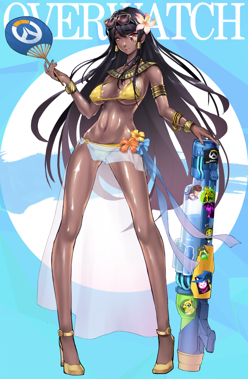 1girl absurdres alternate_eye_color alternate_hair_length alternate_hairstyle animal armlet bangs bikini bird black_hair bodysuit bracelet breasts breasts_apart brown_hair bunny_print captain_chengsi chain character_name cleavage collarbone copyright_name covered_nipples d.va_(overwatch) dark_skin earrings emblem eyebrows facepaint facial_mark fan flower flower_on_head ganymede_(overwatch) goggles groin hair_flower hair_ornament hair_tie hair_tubes hairlocs halter_top halterneck head_mounted_display headphones high_heels highres holding holding_fan jewelry large_breasts legs_apart lips long_hair lucio_(overwatch) midriff navel necklace no_eyes overwatch paper_fan parted_lips pauldrons pharah_(overwatch) pilot_suit pink_lips ponytail red_eyes red_lips rocket_launcher sarong shoes shoulder_pads sidelocks solo spikes sticker stomach strap_gap stud_earrings sunglasses sunglasses_on_head swimsuit tire very_long_hair visor weapon whisker_markings widowmaker_(overwatch) yellow_bikini yellow_shoes