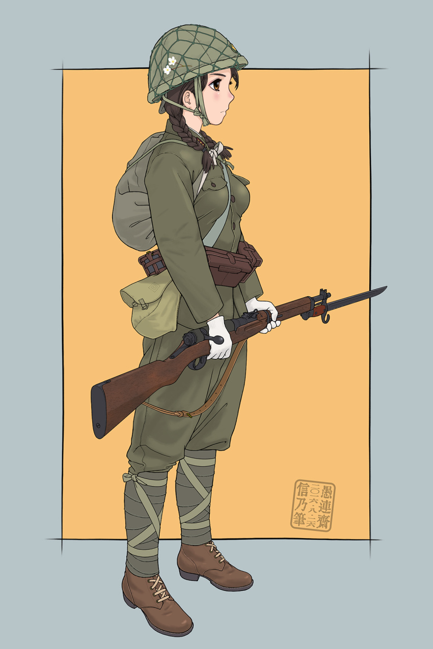 1girl backpack bag bayonet belt bolt_action boots braid brown_eyes flower full_body gun helmet highres imperial_japanese_army military military_uniform original pouch profile rifle sino solo standing strap_cleavage twin_braids uniform weapon world_war_ii