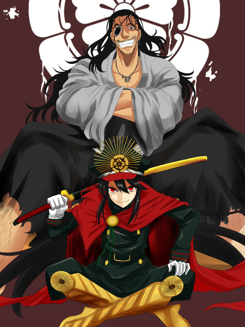 1girl absurdres black_hair cape commentary_request crest demon_archer drifters earrings eyepatch facial_hair fate/grand_order fate_(series) gloves grin hat highres japanese_clothes jewelry katana koha-ace long_hair military military_uniform necklace oda_nobunaga_(drifters) rakku_(10219563) red_eyes smile sword uniform weapon white_gloves