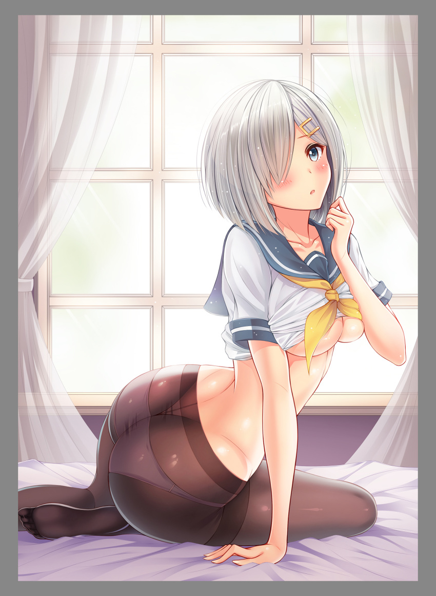 1girl black_legwear blue_eyes blush breasts hair_ornament hair_over_one_eye hairclip hamakaze_(kantai_collection) highres kantai_collection large_breasts looking_at_viewer ltt_challenger md5_mismatch open_mouth panties panties_under_pantyhose pantyhose shiny shiny_clothes short_hair silver_hair solo underwear