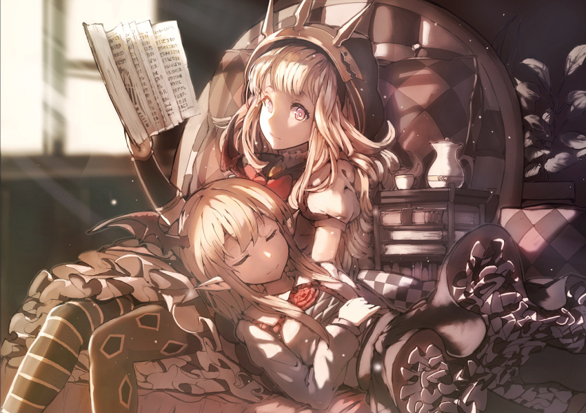 2girls akieda asymmetrical_legwear black_legwear blonde_hair blue_eyes book cagliostro_(granblue_fantasy) cape closed_eyes cushion dress frilled_dress frills granblue_fantasy hairband head_wings indoors light_rays light_smile long_hair looking_at_viewer lying mismatched_legwear multiple_girls on_lap open_book pointy_ears puffy_short_sleeves puffy_sleeves red_skirt short_sleeves sitting skirt sleeping sleeping_on_person striped striped_legwear tiara vampy violet_eyes window