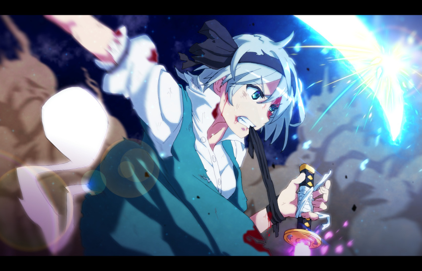 1girl anime_coloring bleeding blocking blood blood_on_face bloody_clothes blue_eyes bruise_on_face clenched_teeth clouds collared_shirt debris determined dual_wielding energy from_side glowing glowing_sword glowing_weapon green_vest hairband half-closed_eye konpaku_youmu konpaku_youmu_(ghost) lens_flare letterboxed light_particles looking_afar motion_blur mouth_hold mumyuu night night_sky open_clothes open_vest petals serious shiny shiny_hair shirt short_hair silver_hair sky smoke solo sparks teeth torn_clothes touhou vest weapon white_shirt