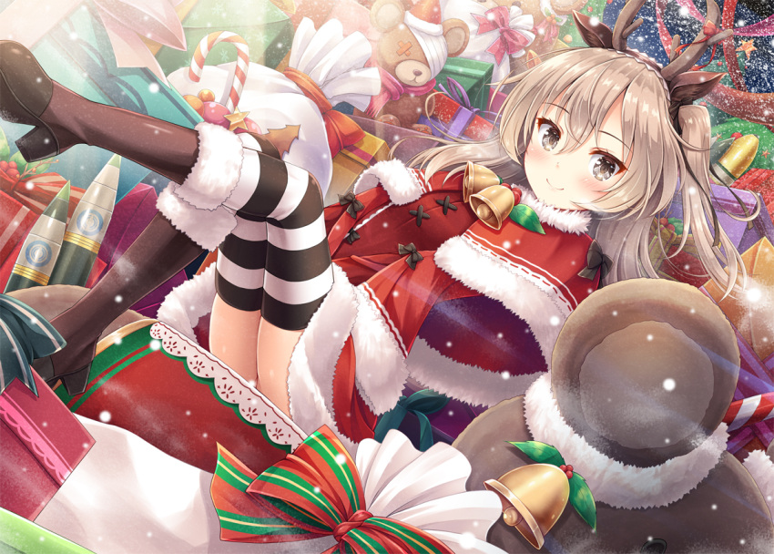1girl akashio_(loli_ace) animal_ears antlers bangs bell black_bow black_footwear blush boots bow box breasts brown_eyes candy candy_cane closed_mouth dress dutch_angle eyebrows_visible_through_hair food fur-trimmed_boots fur-trimmed_capelet fur-trimmed_dress fur-trimmed_hat fur_trim gift gift_box girls_und_panzer hair_between_eyes hat high_heel_boots high_heels knee_boots light_brown_hair looking_at_viewer red_capelet red_dress red_hat reindeer_antlers reindeer_ears sack santa_costume santa_hat shimada_arisu sitting small_breasts smile solo star striped striped_legwear stuffed_animal stuffed_toy teddy_bear thighhighs_under_boots