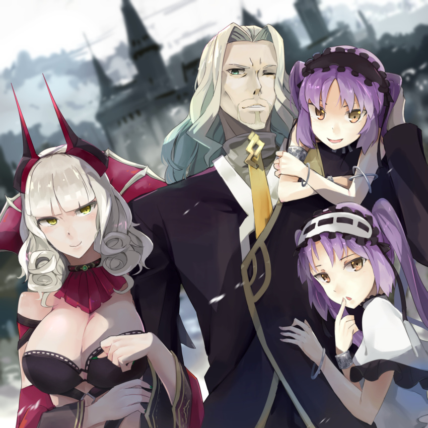 1boy bare_shoulders beard bracelet breasts carmilla_(fate/grand_order) castle cleavage dress euryale facial_hair fate/apocrypha fate/grand_order fate/hollow_ataraxia fate/stay_night fate_(series) green_eyes hairband headdress highres horns hsin jewelry lancer_of_black large_breasts lolita_hairband long_hair multiple_girls one_eye_closed open_mouth purple_hair siblings silver_hair sisters smile stheno twintails weapon white_dress yellow_eyes