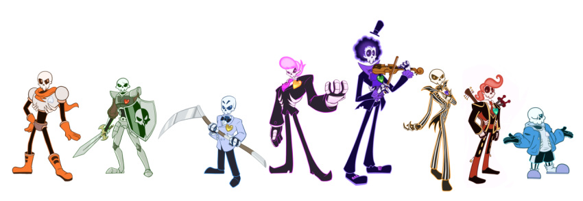 6+boys afro armor atomi-cat black_hair blazer blue_eyes boots bow bowtie brook clenched_hand coat coattails commentary crossover everyone formal gloves green_eyes grim_fandango guitar hand_on_hip hat heart instrument jack_skellington jacket lewis_(mystery_skulls) lineup long_image looking_at_viewer loose_socks male_focus manolo_sanchez manuel_calavera medievil multiple_boys music mystery_skulls necktie one_eye_closed one_piece orange_eyes papyrus_(undertale) parody pink_eyes pink_hair pinstripe_suit playing_instrument ponytail popped_collar purple_hair red_eyes sans scarf scythe shield shorts shrug simple_background single_eye sir_daniel_fortesque skeleton slippers socks standing striped style_parody suit sword the_book_of_life the_nightmare_before_christmas top_hat undertale uneven_eyes violet_eyes violin weapon white_background wide_image