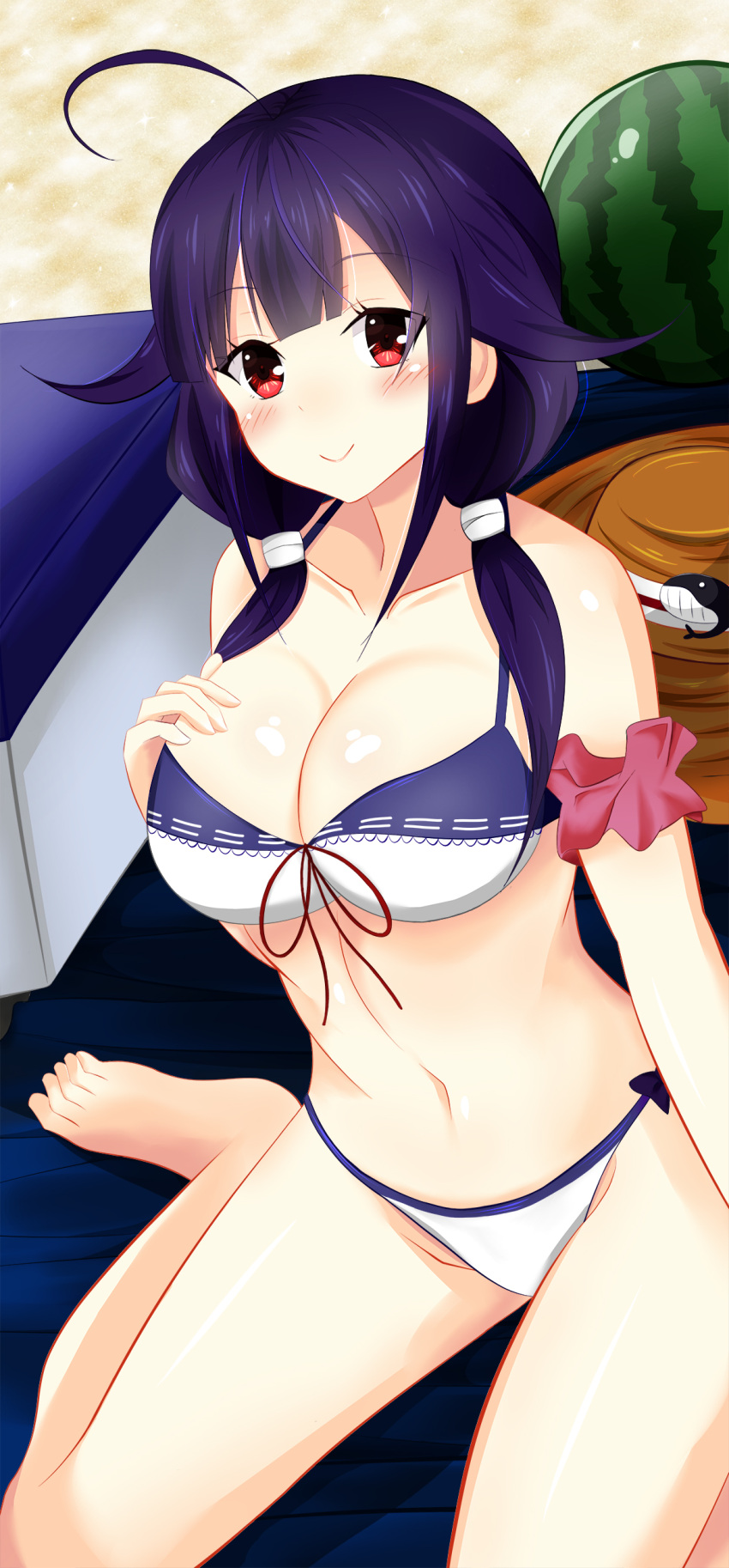 1girl absurdres ahoge bare_shoulders barefoot bikini breasts collarbone cooler food fruit hair_flaps hand_on_breast hat hat_removed headwear_removed highres kantai_collection large_breasts long_hair looking_at_viewer low_twintails lyte navel purple_hair red_eyes sitting smile solo swimsuit taigei_(kantai_collection) twintails wariza water watermelon whale