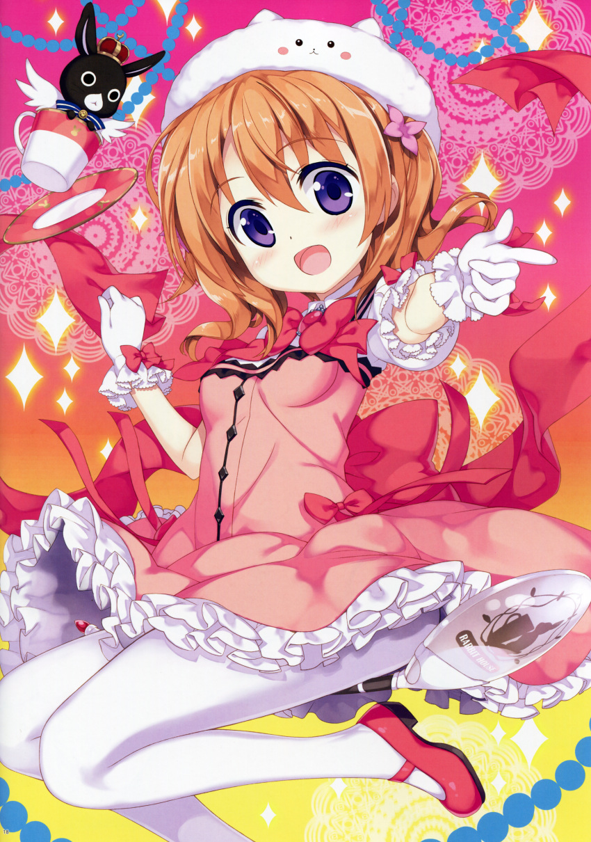 1girl :d absurdres adapted_costume animal animal_on_head anko_(gochuumon_wa_usagi_desuka?) brown_hair bunny_on_head cup dress flower fujima_takuya gloves gochuumon_wa_usagi_desu_ka? hair_flower hair_ornament hat highres hoto_cocoa magical_girl mary_janes open_mouth oversized_object pantyhose pink_dress pointing rabbit saucer shoes short_hair smile spoon teacup tippy_(gochuumon_wa_usagi_desuka?) violet_eyes white_legwear