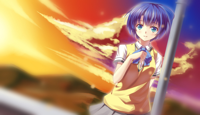 1girl ame_wa_a_ga_tsutano? ano_natsu_de_matteru blue_eyes blue_hair grey_skirt highres looking_at_viewer outdoors pleated_skirt school_uniform short_hair skirt solo tanigawa_kanna