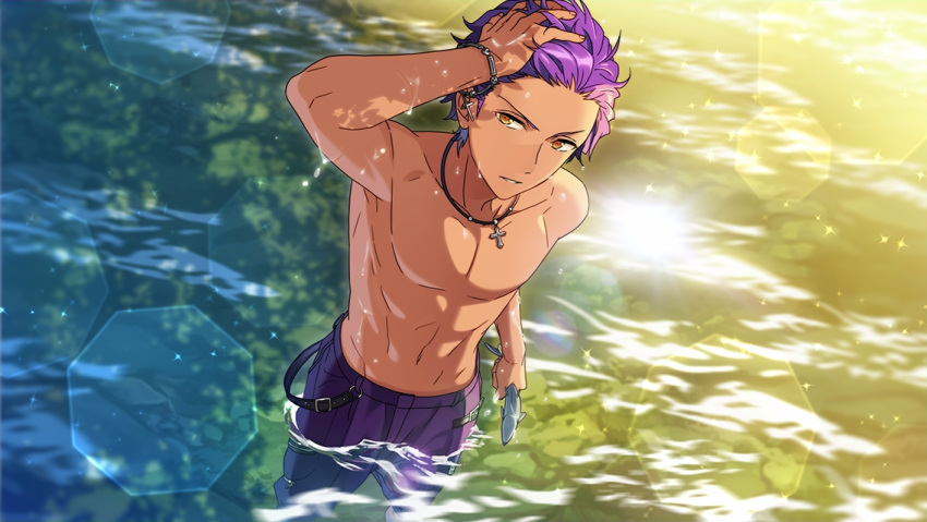 1boy abs belt bracelet cross cross_necklace dark_skin dark_skinned_male ensemble_stars! fish hand_in_hair jewelry looking_at_viewer male_focus muscle navel necklace official_art otogari_adonis purple_hair river shirtless solo sparkle water wet wet_hair yellow_eyes