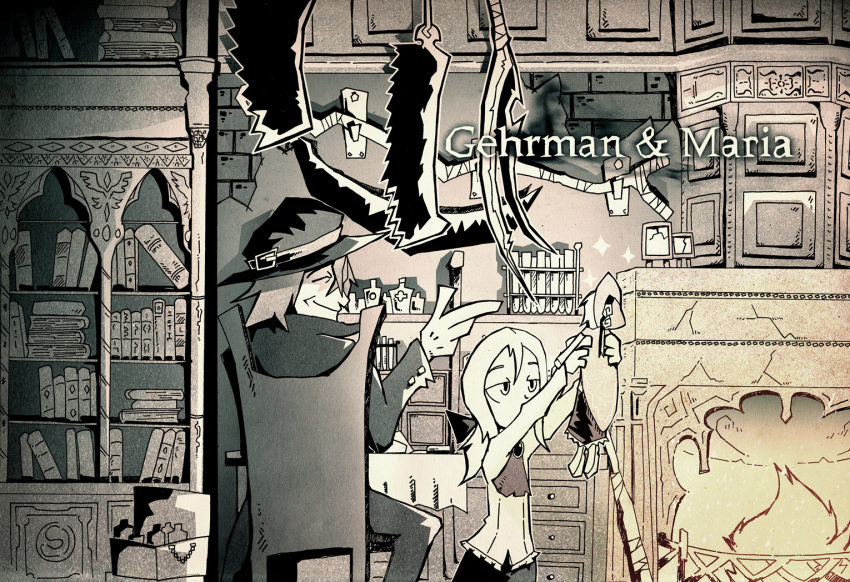 1boy 2girls ascot bloodborne closed_eyes covered_mouth doll gehrman_the_first_hunter hat lady_maria_of_the_astral_clocktower long_hair monochrome multiple_girls plain_doll ponytail saw_cleaver scythe setz smile sparkle the_old_hunters younger