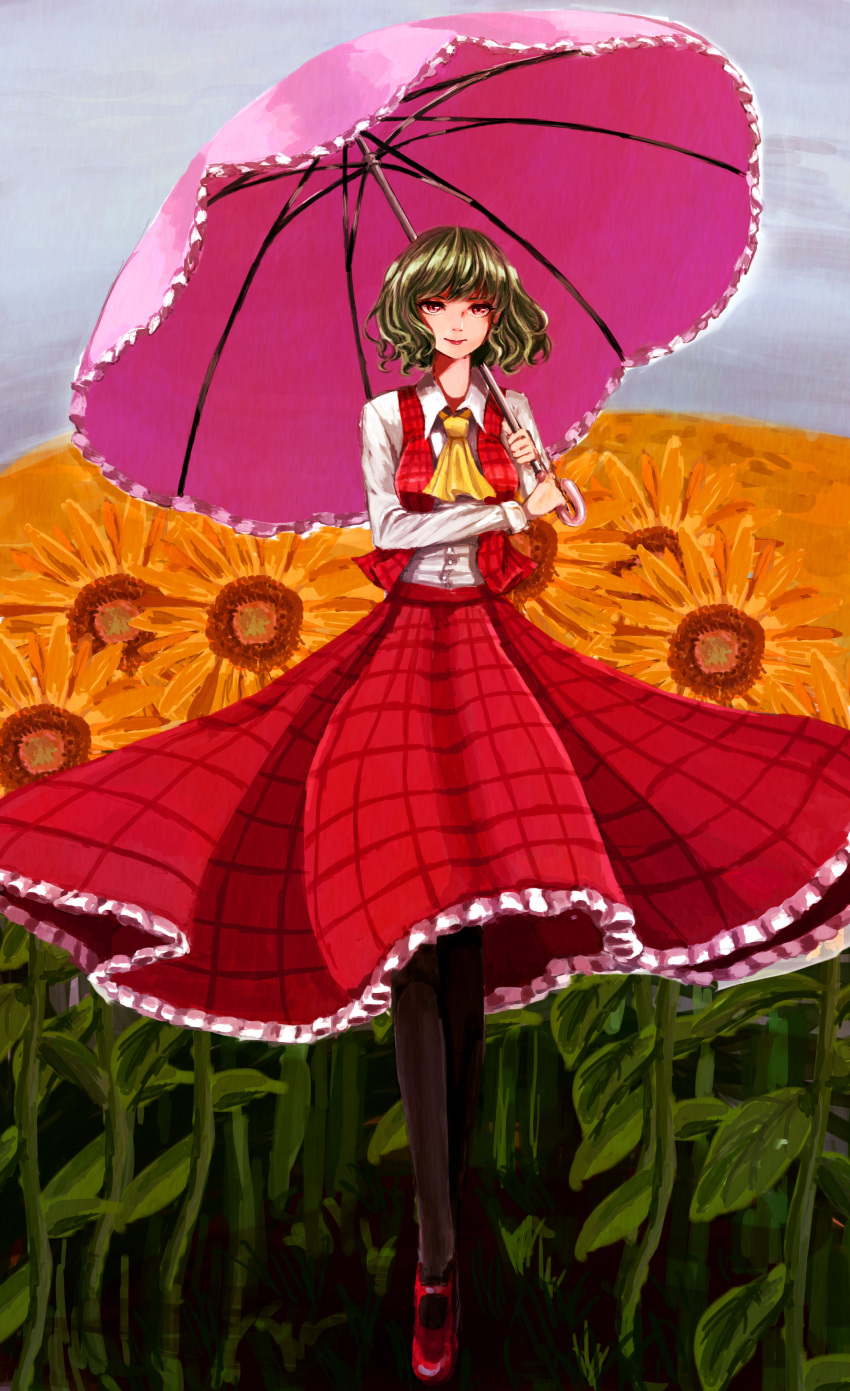 1girl absurdres ascot black_legwear breasts collared_shirt day field flower flower_field frilled_skirt frills full_body garden_of_the_sun green_hair grey_sky highres holding holding_umbrella kazami_yuuka long_skirt long_sleeves looking_at_viewer medium_breasts mikepo open_clothes open_vest pantyhose parasol plaid plaid_skirt plaid_vest red_eyes red_lips red_shoes red_skirt red_vest shiny shiny_hair shirt shoes short_hair skirt skirt_set smile solo touhou umbrella vest walking wavy_hair white_shirt wind