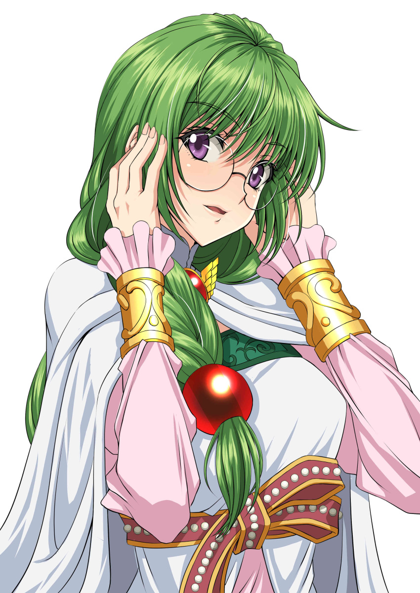 1girl absurdres adjusting_glasses blush bracelet braid brooch dress glasses green_hair hair_bobbles hair_ornament highres jewelry long_hair long_sleeves looking_at_viewer nail_polish parted_lips philia_felice pink_nails rimless_glasses round_glasses shunzou single_braid smile solo tales_of_(series) tales_of_destiny upper_body violet_eyes white_background white_cape