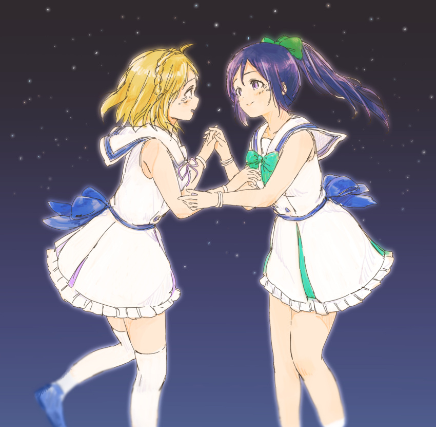 2girls blonde_hair bow braid collarbone dress eye_contact hair_bow holding_hands looking_at_another love_live! love_live!_sunshine!! matsuura_kanan multiple_girls night night_sky ohara_mari open_mouth ponytail purple_hair sailor_dress sky sleeveless star_(sky) syou_(endemic_species) tears thigh-highs violet_eyes white_dress white_legwear yuri