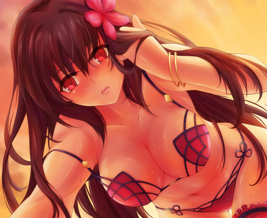 1girl adjusting_hair ahsiu all_fours arm_support bikini bracelet brown_hair fate/grand_order fate_(series) flower hair_flower hair_intakes hair_ornament highres jewelry long_hair md5_mismatch navel parted_lips red_eyes scathach_(fate/grand_order) sky solo sweat swimsuit
