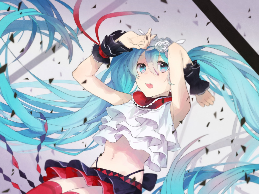 1girl aqua_eyes aqua_hair arms_up hatsune_miku highres long_hair looking_at_viewer midriff moegi0926 navel open_mouth red_legwear skirt solo thigh-highs twintails very_long_hair vocaloid