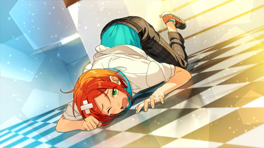 1boy aoi_yuuta bandaid blush checkered checkered_floor dutch_angle ensemble_stars! green_eyes headphones headphones_around_neck looking_at_viewer male_focus official_art one_eye_closed open_mouth orange_hair solo sparkle tearing_up top-down_bottom-up