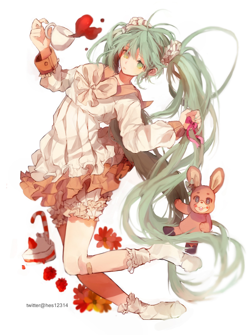 1girl bandaid cup food fruit green_eyes green_hair hatsune_miku highres long_hair lots_of_laugh_(vocaloid) raspberry scrunchie socks solo stuffed_animal stuffed_bunny stuffed_toy teacup twintails twitter_username very_long_hair vocaloid white_background