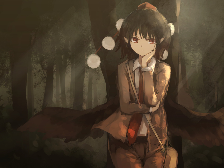 1girl absurdres bag black_hair black_wings brown_jacket cowboy_shot forest hand_on_own_cheek hat highres light_rays looking_at_viewer nature necktie pointy_ears pom_pom_(clothes) red_eyes red_necktie shameimaru_aya short_hair solo standing sunbeam sunlight thkani tokin_hat touhou wings