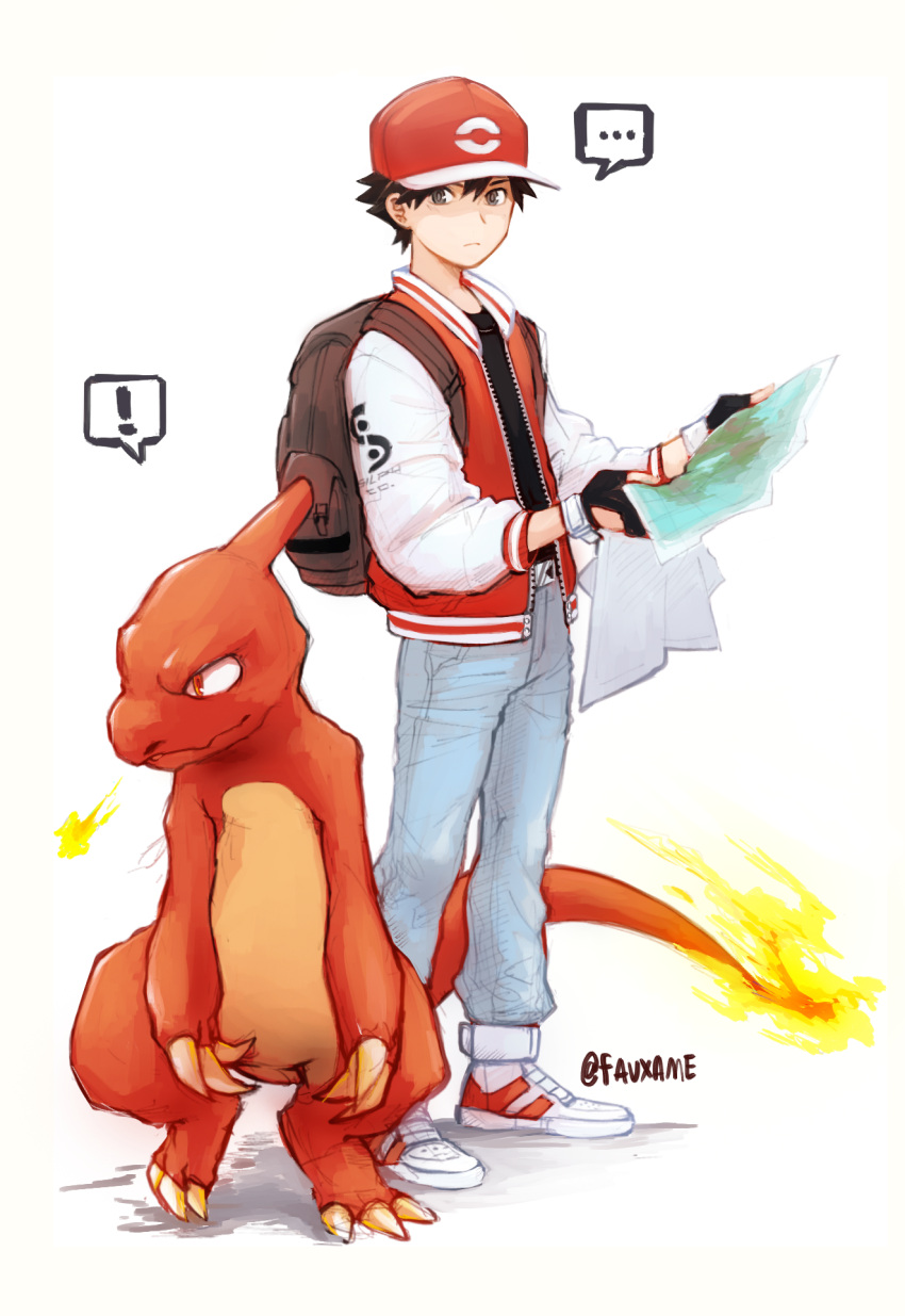 ! ... 1boy artist_name backpack bag baseball_cap belt black_hair charmeleon denim fingerless_gloves fire full_body gloves grey_eyes hat highres jacket jeans letterman_jacket looking_at_another male_focus map open_clothes open_jacket pants pokemon pokemon_(creature) pokemon_(game) pokemon_rgby raw_gummy red_(pokemon) red_eyes shoes simple_background sneakers solo spoken_ellipsis spoken_exclamation_mark twitter_username white_background