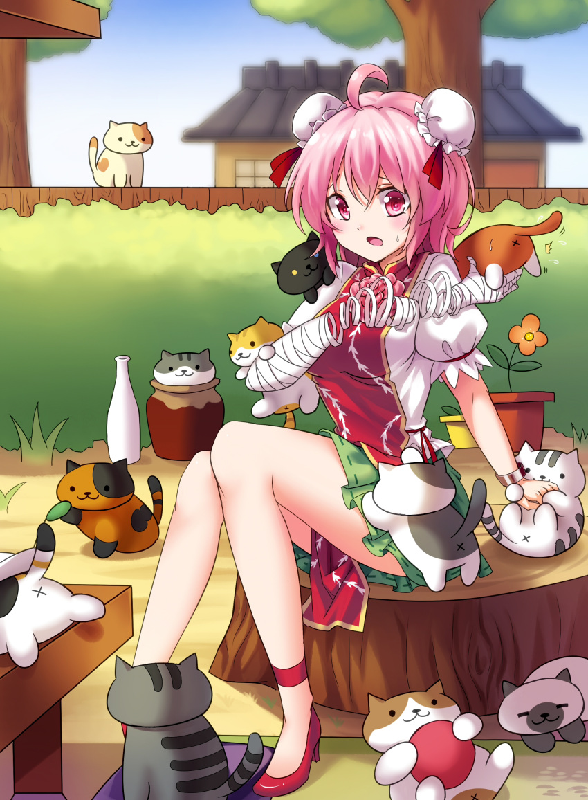 1girl :3 absurdres ahoge amputee anus arm_garter ball bandaged_arm bandages blush bun_cover cat chinese_clothes commentary crossover cuffs double_bun fence flower full_body garden green_skirt hair_bun high_heels highres house ibaraki_kasen in_tree jar koissa neko_atsume pink_eyes pink_hair pink_rose plant potted_plant puffy_short_sleeves puffy_sleeves red_shoes rose shackles shirt shoes short_hair short_sleeves sitting sitting_in_tree skirt sweat tabard touhou tree tree_stump white_shirt