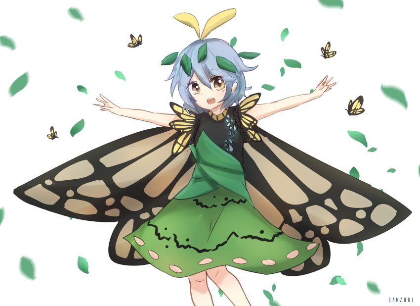 1girl :d absurdres bare_arms butterfly butterfly_wings dress eternity_larva hidden_star_in_four_seasons highres leaf monarch_butterfly open_mouth outstretched_arms sanzuri short_hair smile spread_arms touhou wings yellow_eyes