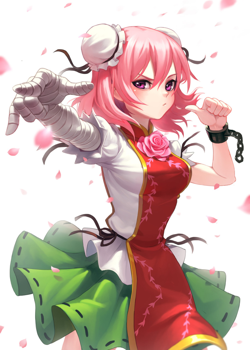 1girl :/ arm_garter bandaged_arm blurry blush breasts bun_cover chain cherry_blossoms chinese_clothes closed_mouth commentary_request cowboy_shot cuffs depth_of_field double_bun fighting_stance fkey flower foreshortening green_skirt hair_bun highres ibaraki_kasen looking_at_viewer medium_breasts petals pink_eyes pink_hair pink_rose puffy_short_sleeves puffy_sleeves rose shackles short_hair short_sleeves skirt solo tabard touhou