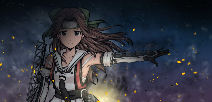 1girl black_gloves brown_eyes brown_hair collarbone elbow_gloves forehead_protector gloves hachimaki hair_intakes half_updo hamu_agaki headband highres jintsuu_(kantai_collection) kantai_collection long_hair looking_at_viewer night night_sky outstretched_arm remodel_(kantai_collection) sarashi school_uniform serafuku sky smoke solo sparkle star_(sky) starry_sky turret wind